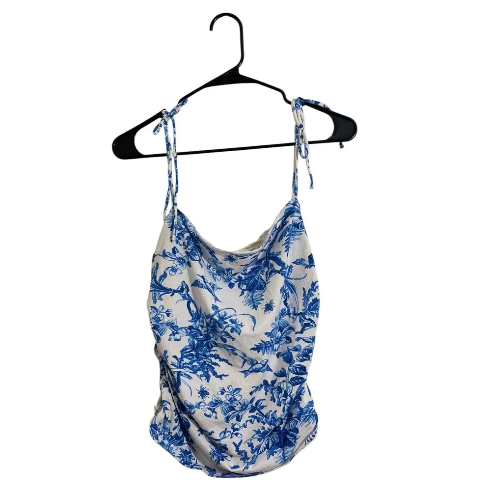 Maeve Anthropologie Blue White Floral Ruched Tie Shoulder Camisole Top SZ Large - Picture 2 of 8